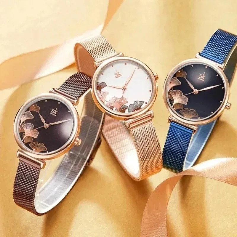Luxury Watch Gift For Her - Lüks kadın ginkgo yaprağı desenli saat,